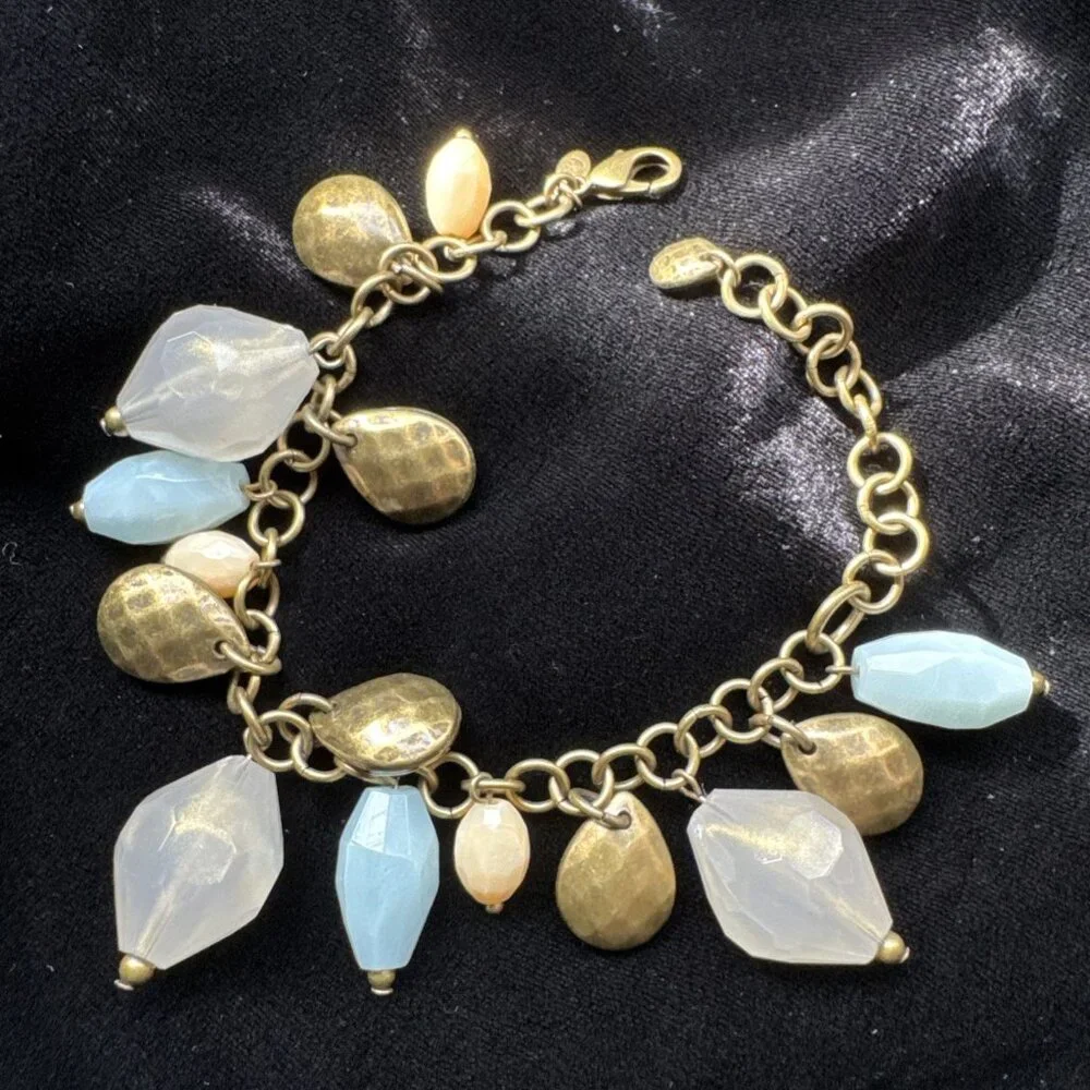 Premier Designs Beaded Charm Bracelet Blue Cream Dark Goldtone 8.5